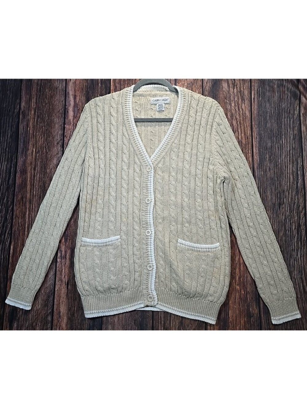 Cabin Creek Cable Knit Varsity Sweater Cardigan V-Neck Buttons Cotton Beige Sz M